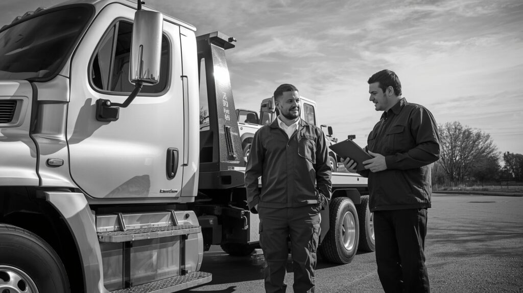 a driver standing beside a recovery truck, talking to a technician or looking at a diagnostics tablet. black and white photo
